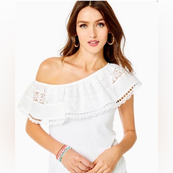 Lilly Pulitzer Tracee White 100% Cotton One Shoulder Ruffle Eyelet Top Size XS - Picture 1 of 4